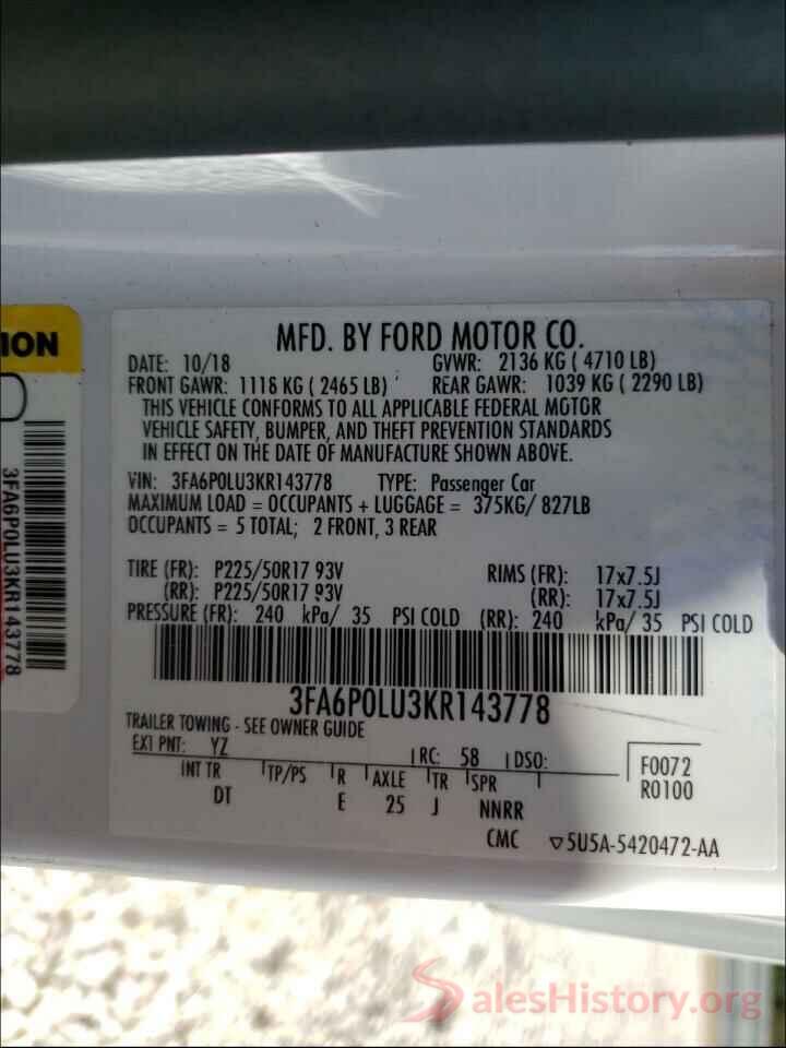 3FA6P0LU3KR143778 2019 FORD FUSION