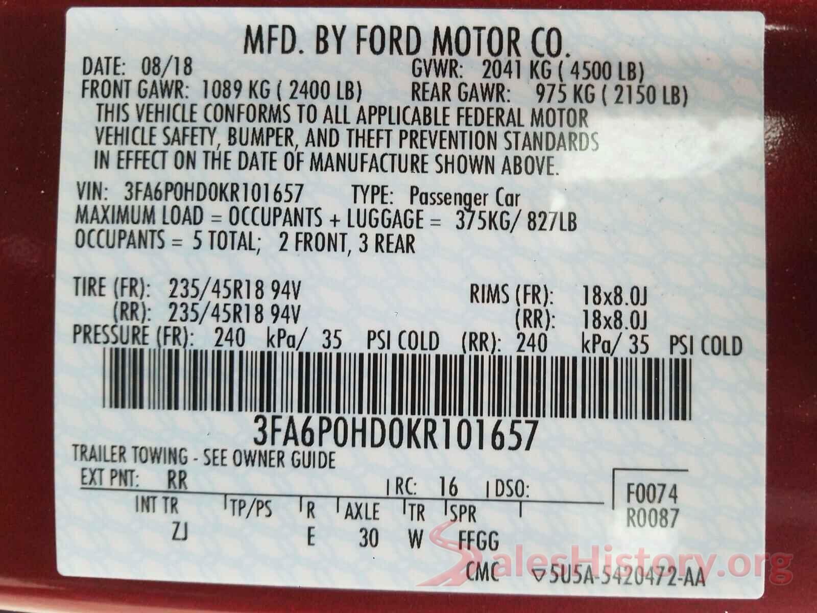 3FA6P0HD0KR101657 2019 FORD FUSION