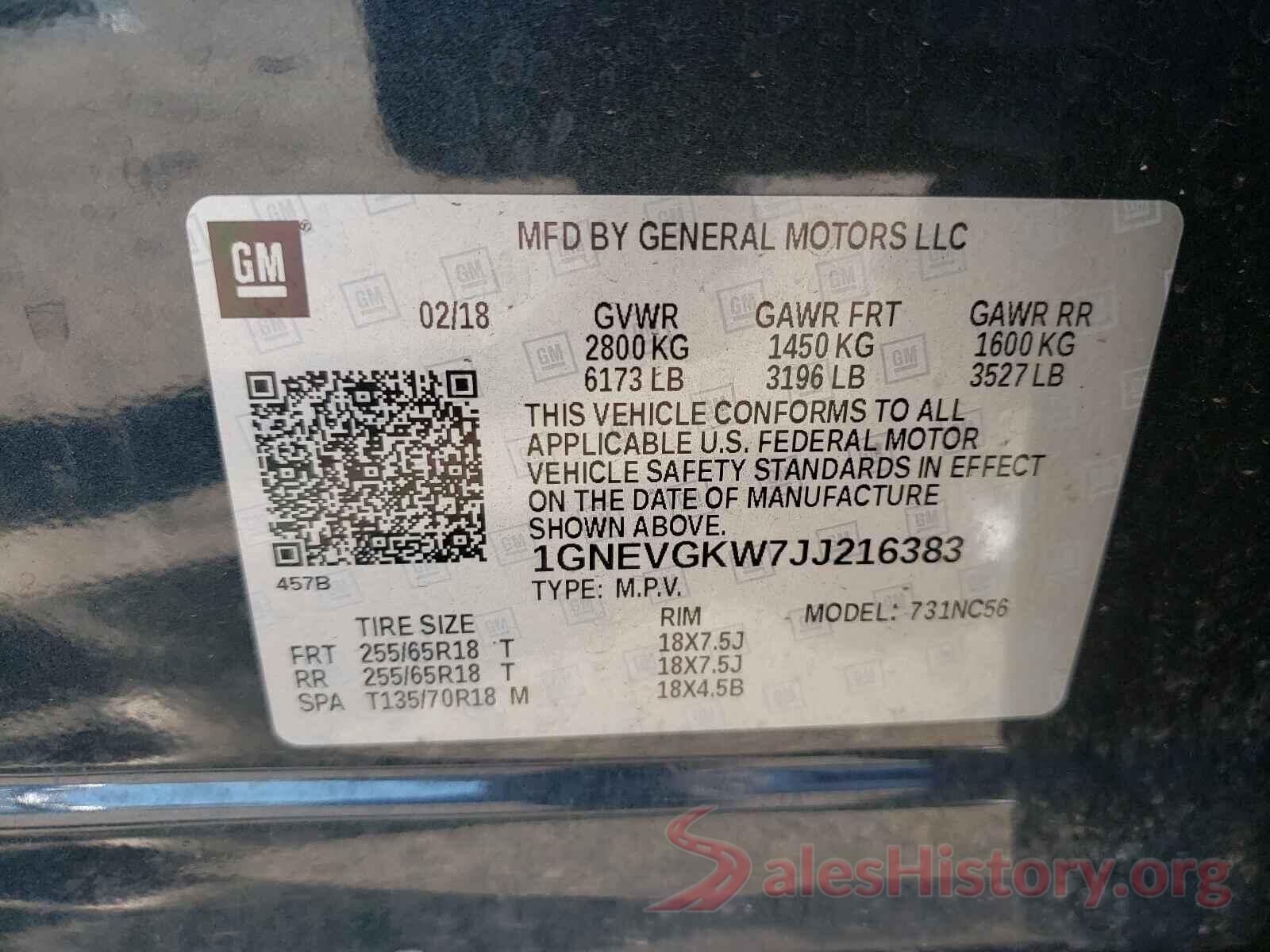 1GNEVGKW7JJ216383 2018 CHEVROLET TRAVERSE