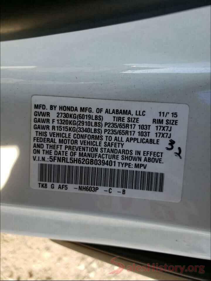 5FNRL5H62GB039401 2016 HONDA ODYSSEY