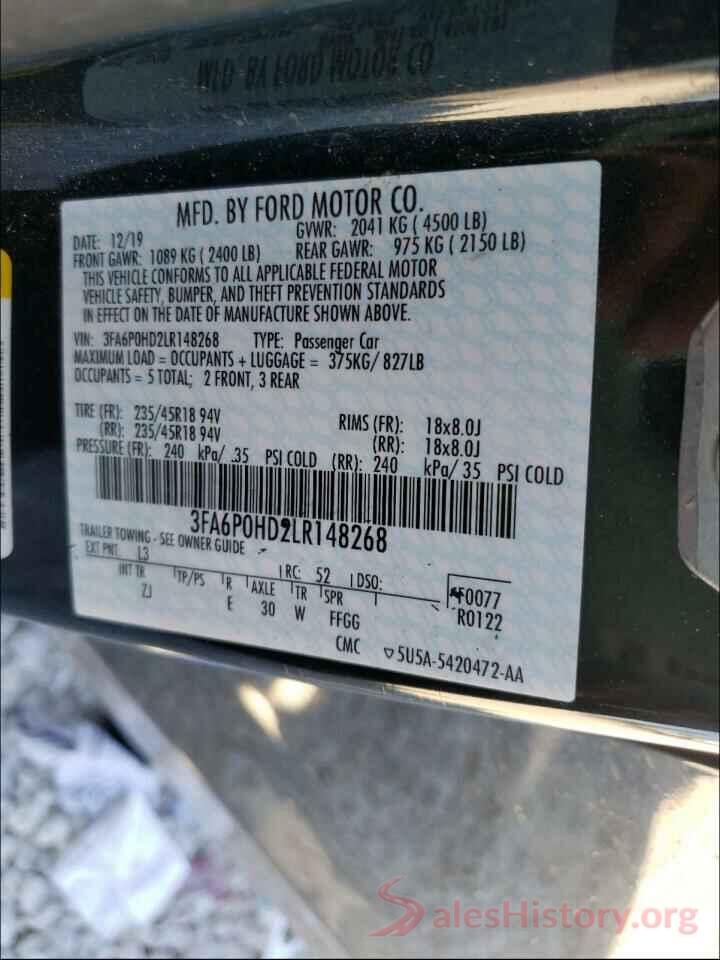 3FA6P0HD2LR148268 2020 FORD FUSION