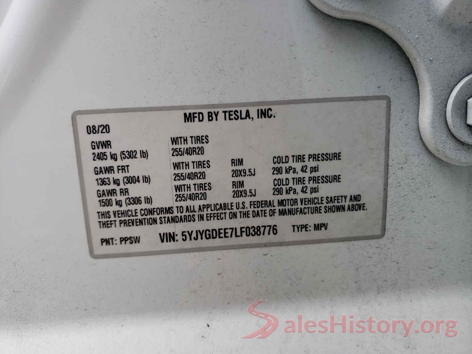 5YJYGDEE7LF038776 2020 TESLA MODEL Y