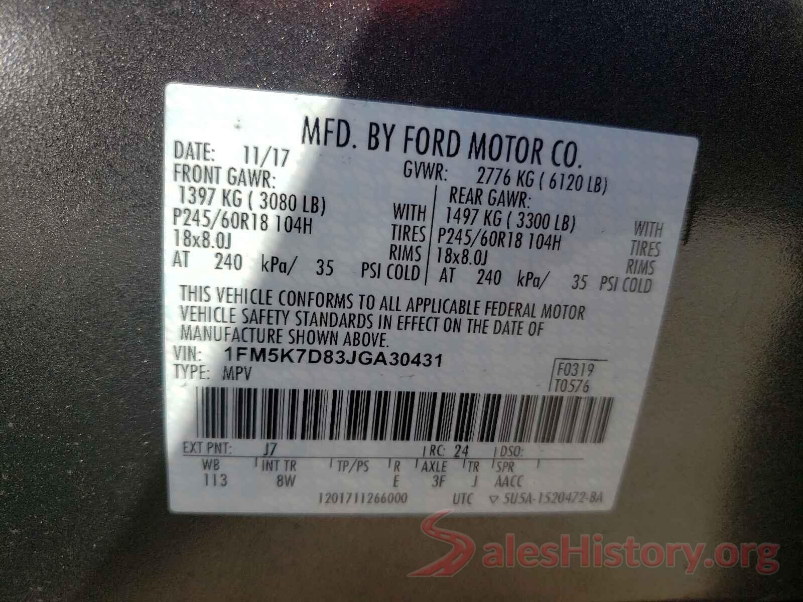 1FM5K7D83JGA30431 2018 FORD EXPLORER