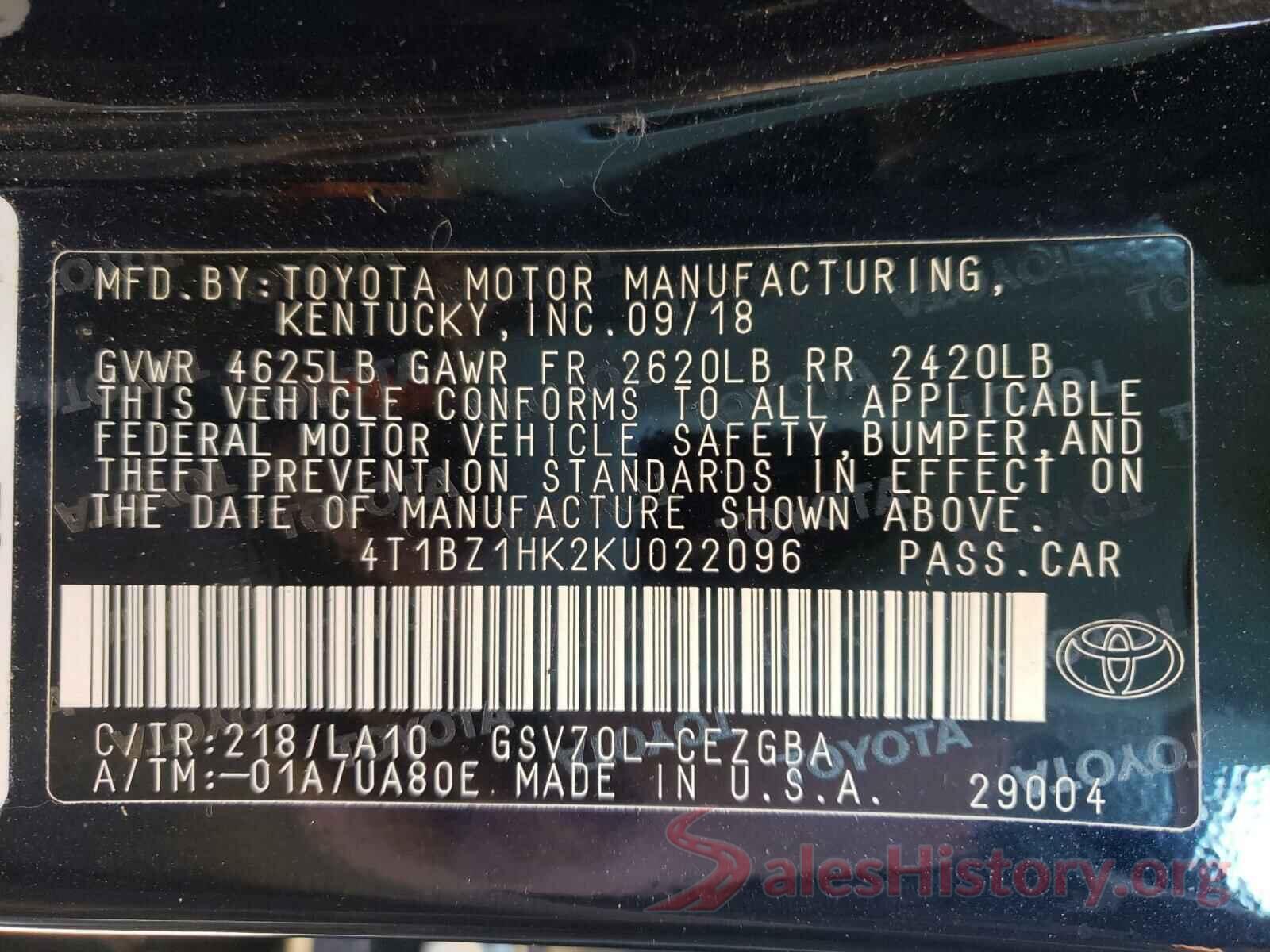 4T1BZ1HK2KU022096 2019 TOYOTA CAMRY