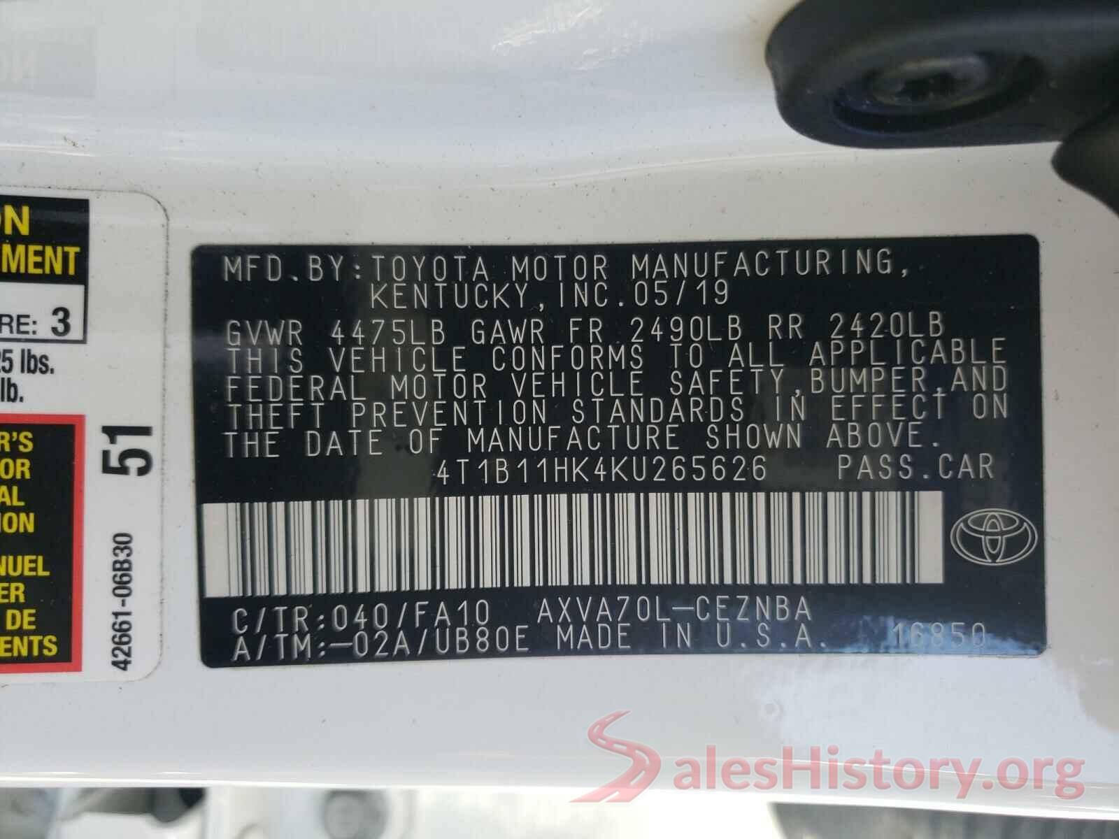 4T1B11HK4KU265626 2019 TOYOTA CAMRY