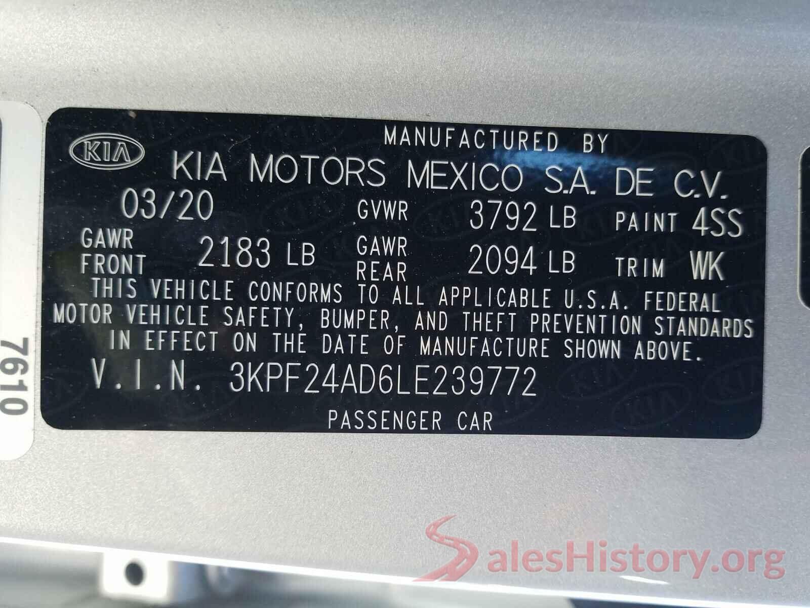 3KPF24AD6LE239772 2020 KIA FORTE