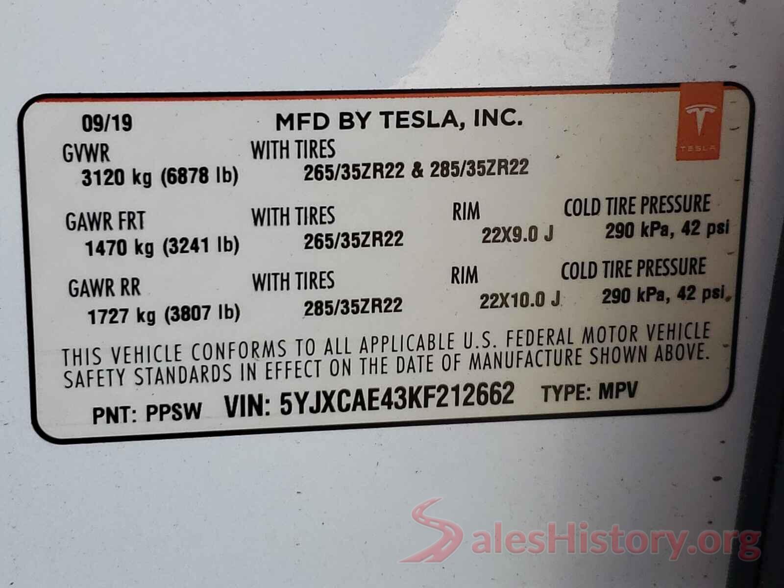 5YJXCAE43KF212662 2019 TESLA MODEL X