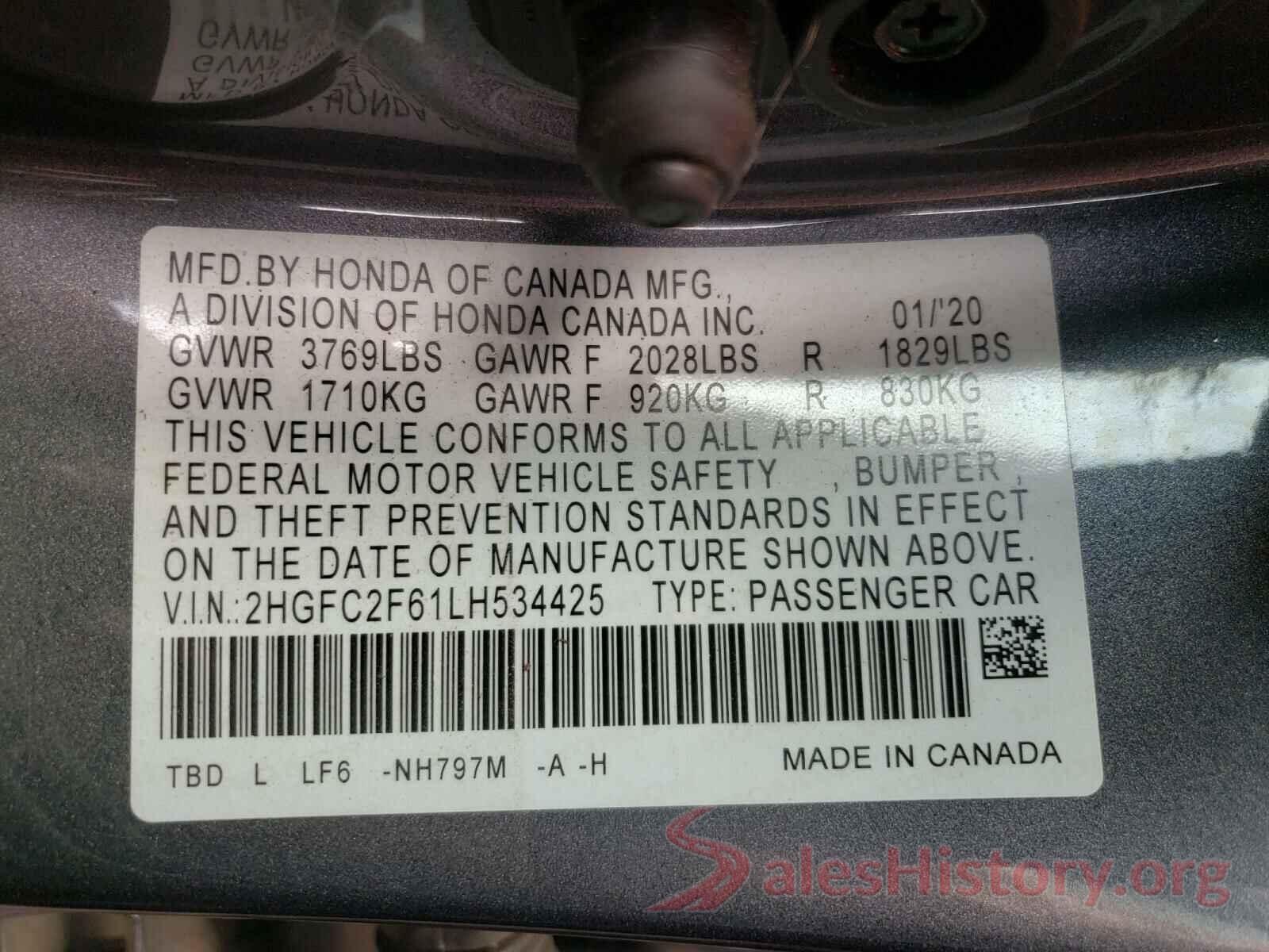 2HGFC2F61LH534425 2020 HONDA CIVIC