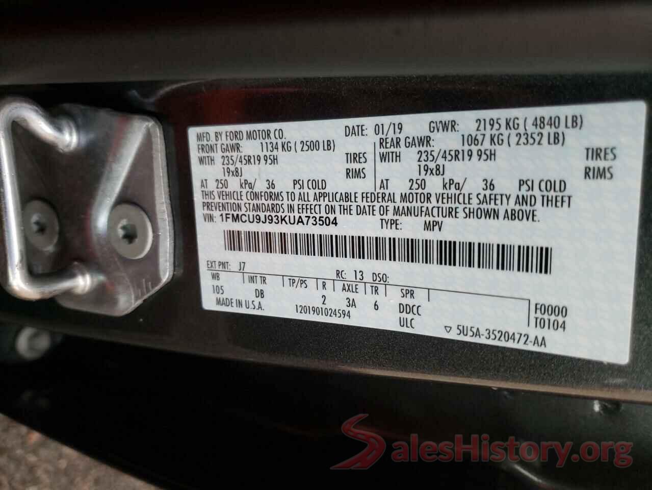 1FMCU9J93KUA73504 2019 FORD ESCAPE