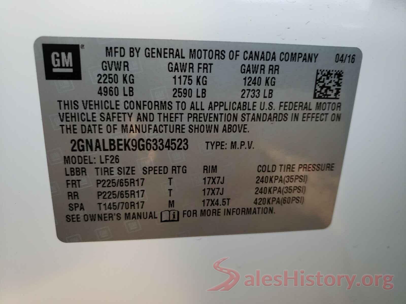 2GNALBEK9G6334523 2016 CHEVROLET EQUINOX