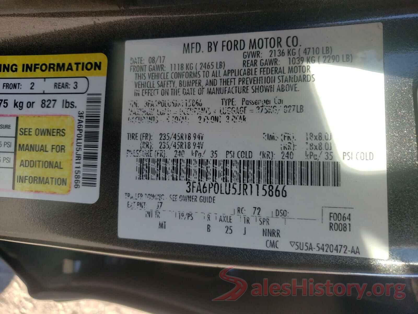 3FA6P0LU5JR115866 2018 FORD FUSION