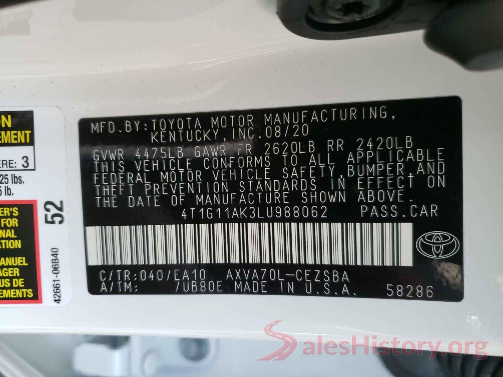 4T1G11AK3LU988062 2020 TOYOTA CAMRY