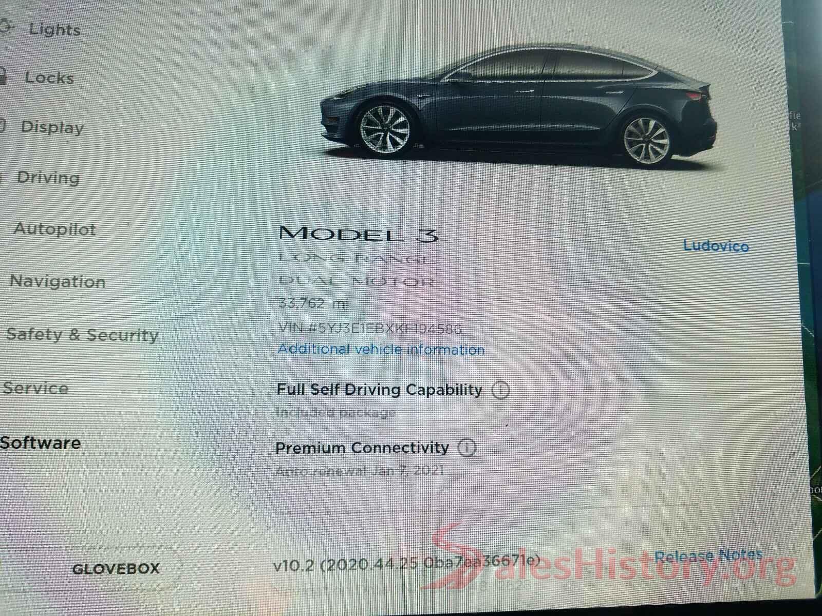 5YJ3E1EBXKF194586 2019 TESLA MODEL 3