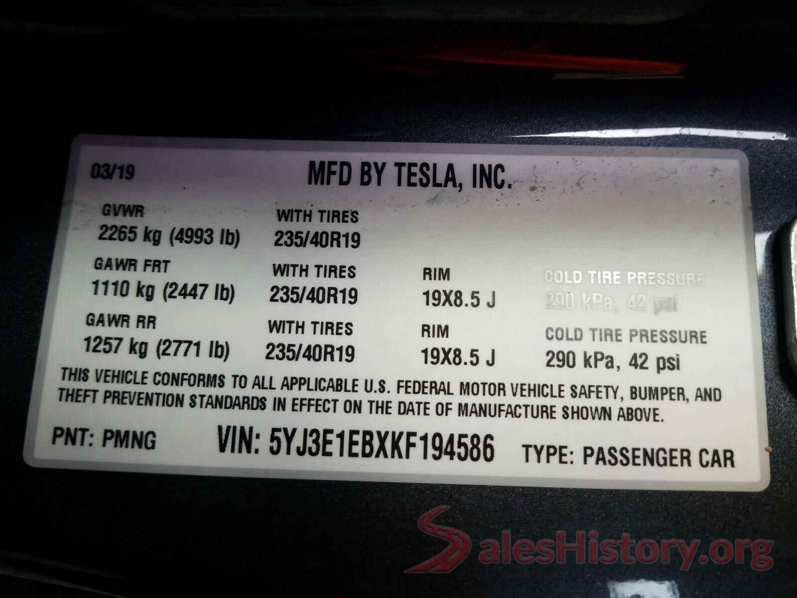 5YJ3E1EBXKF194586 2019 TESLA MODEL 3