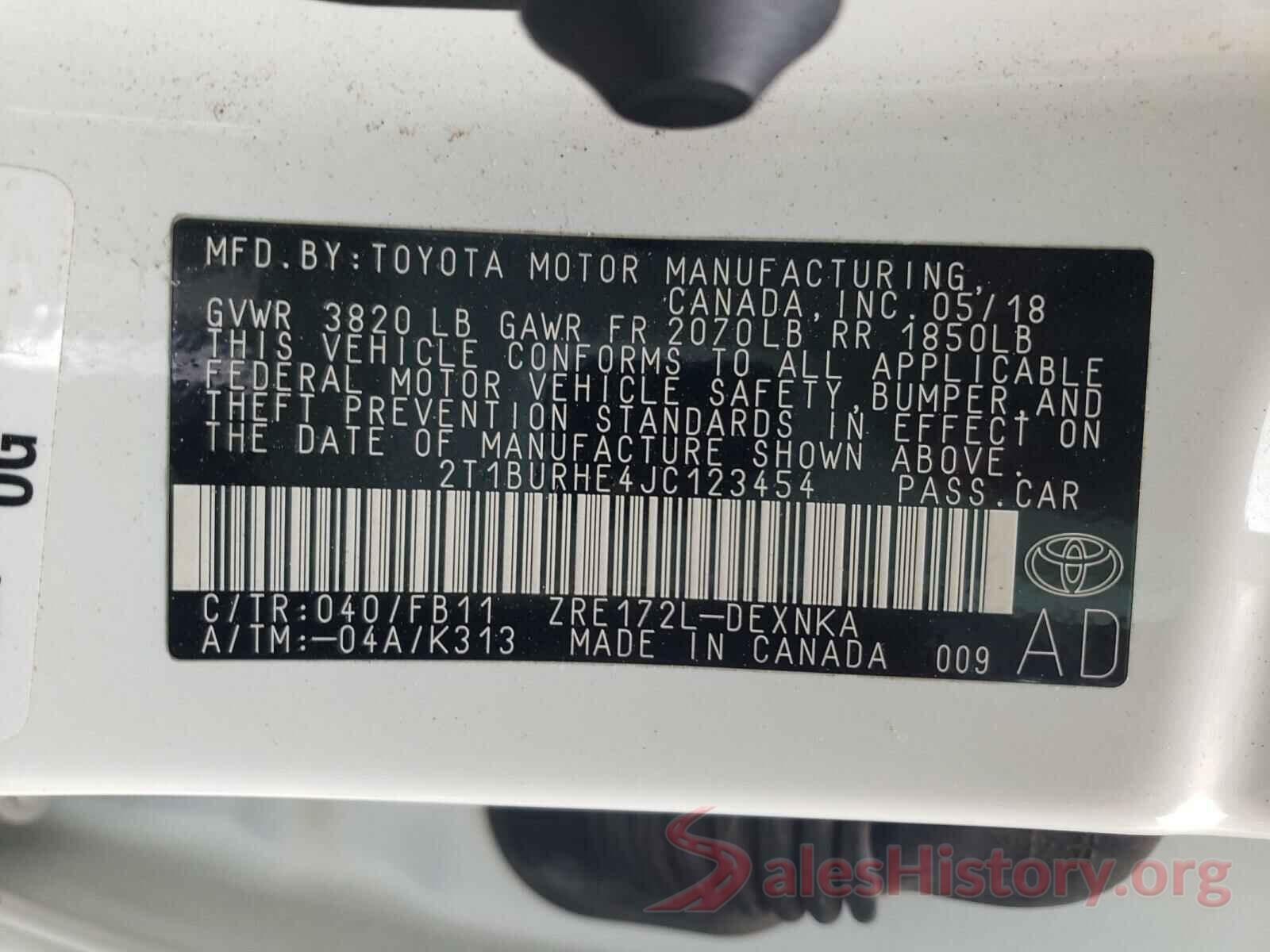 2T1BURHE4JC123454 2018 TOYOTA COROLLA