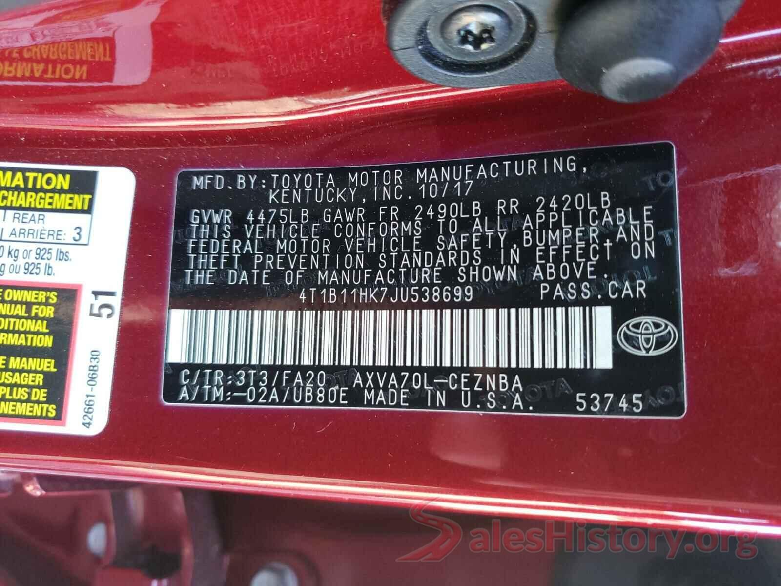 4T1B11HK7JU538699 2018 TOYOTA CAMRY