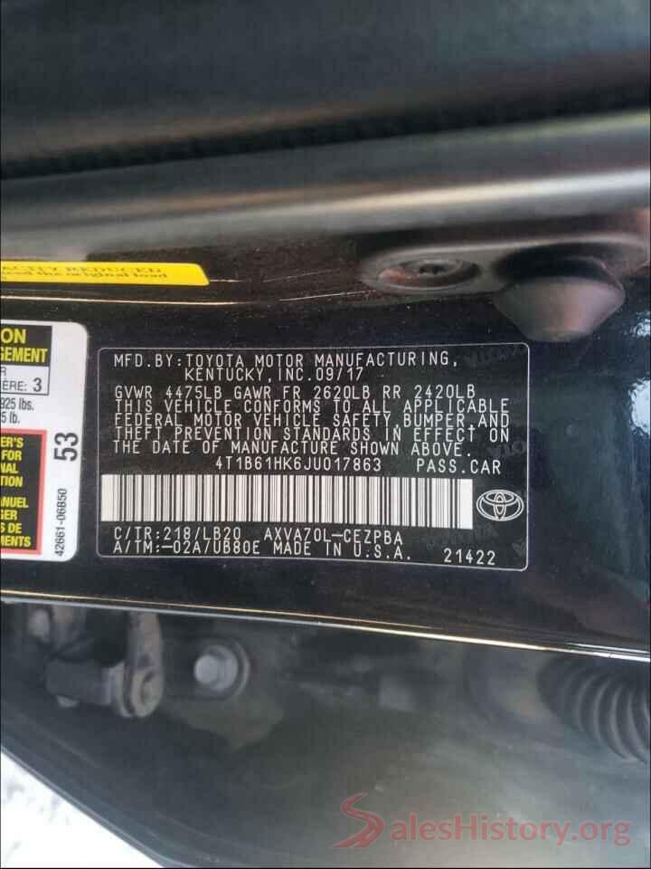 4T1B61HK6JU017863 2018 TOYOTA CAMRY