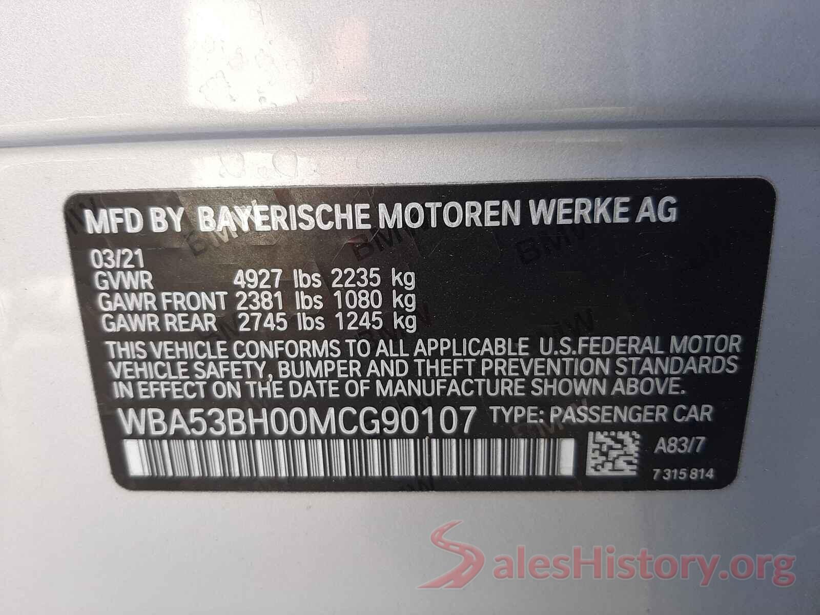 WBA53BH00MCG90107 2021 BMW 5 SERIES