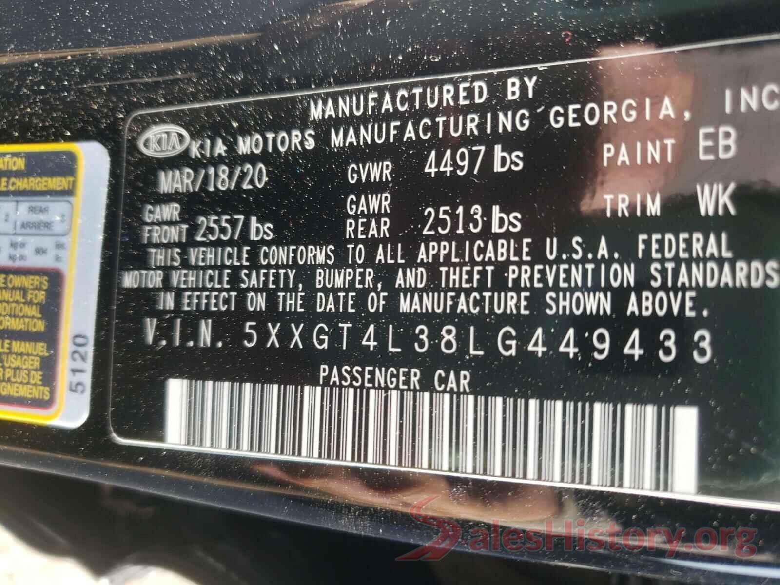 5XXGT4L38LG449433 2020 KIA OPTIMA