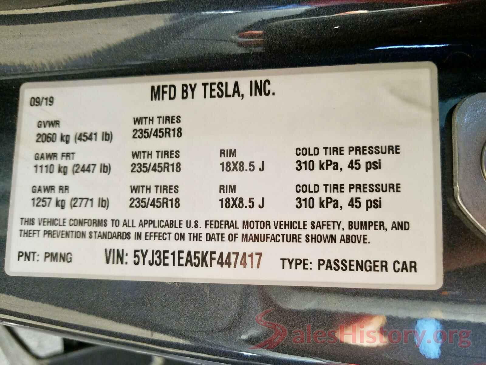 5YJ3E1EA5KF447417 2019 TESLA MODEL 3