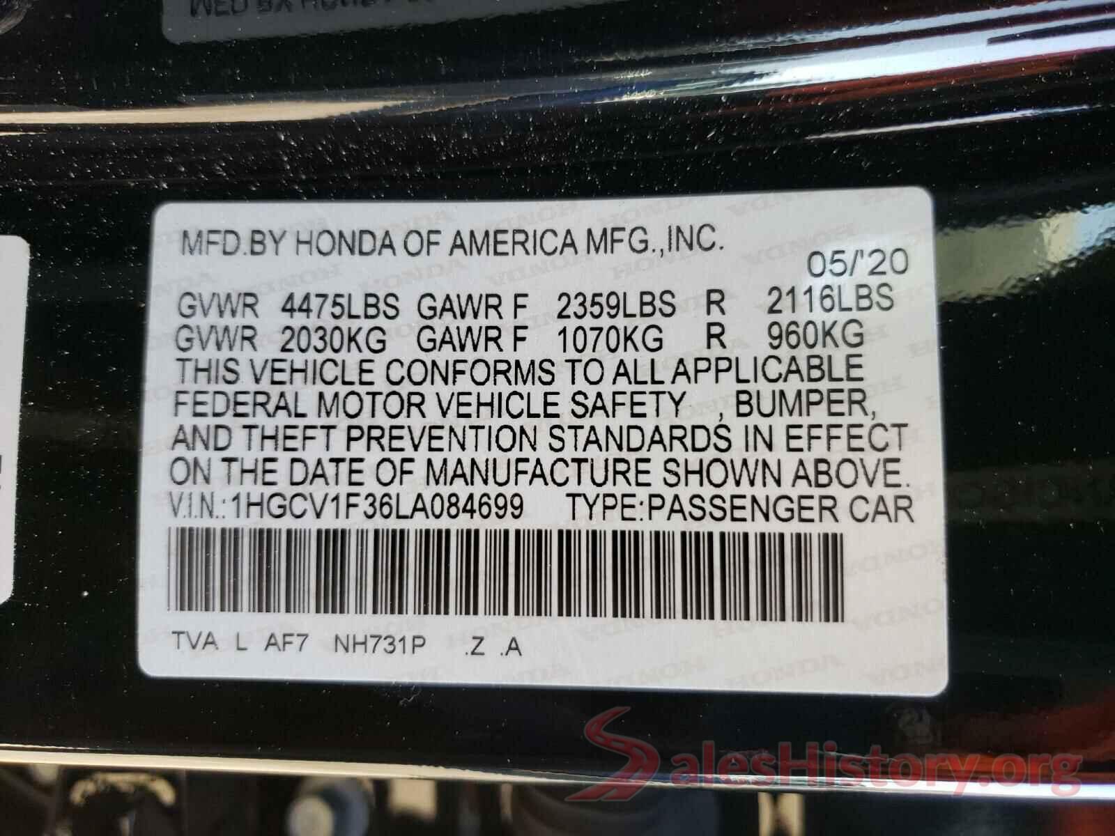 1HGCV1F36LA084699 2020 HONDA ACCORD