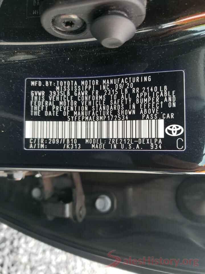 5YFEPMAE8MP172534 2021 TOYOTA COROLLA