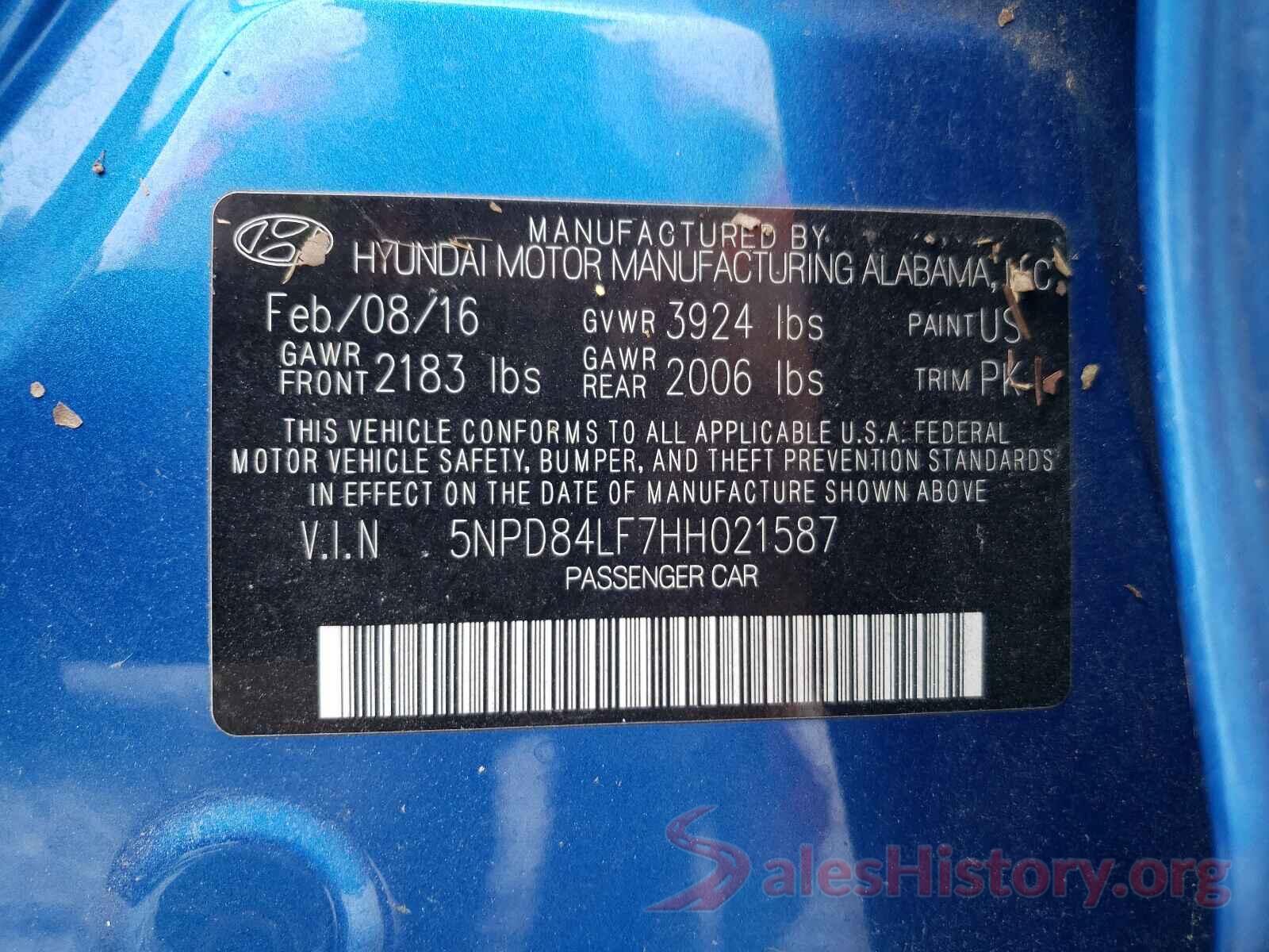 5NPD84LF7HH021587 2017 HYUNDAI ELANTRA