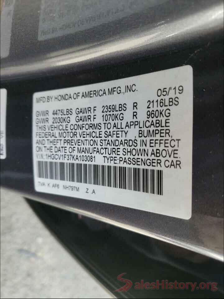 1HGCV1F37KA103081 2019 HONDA ACCORD