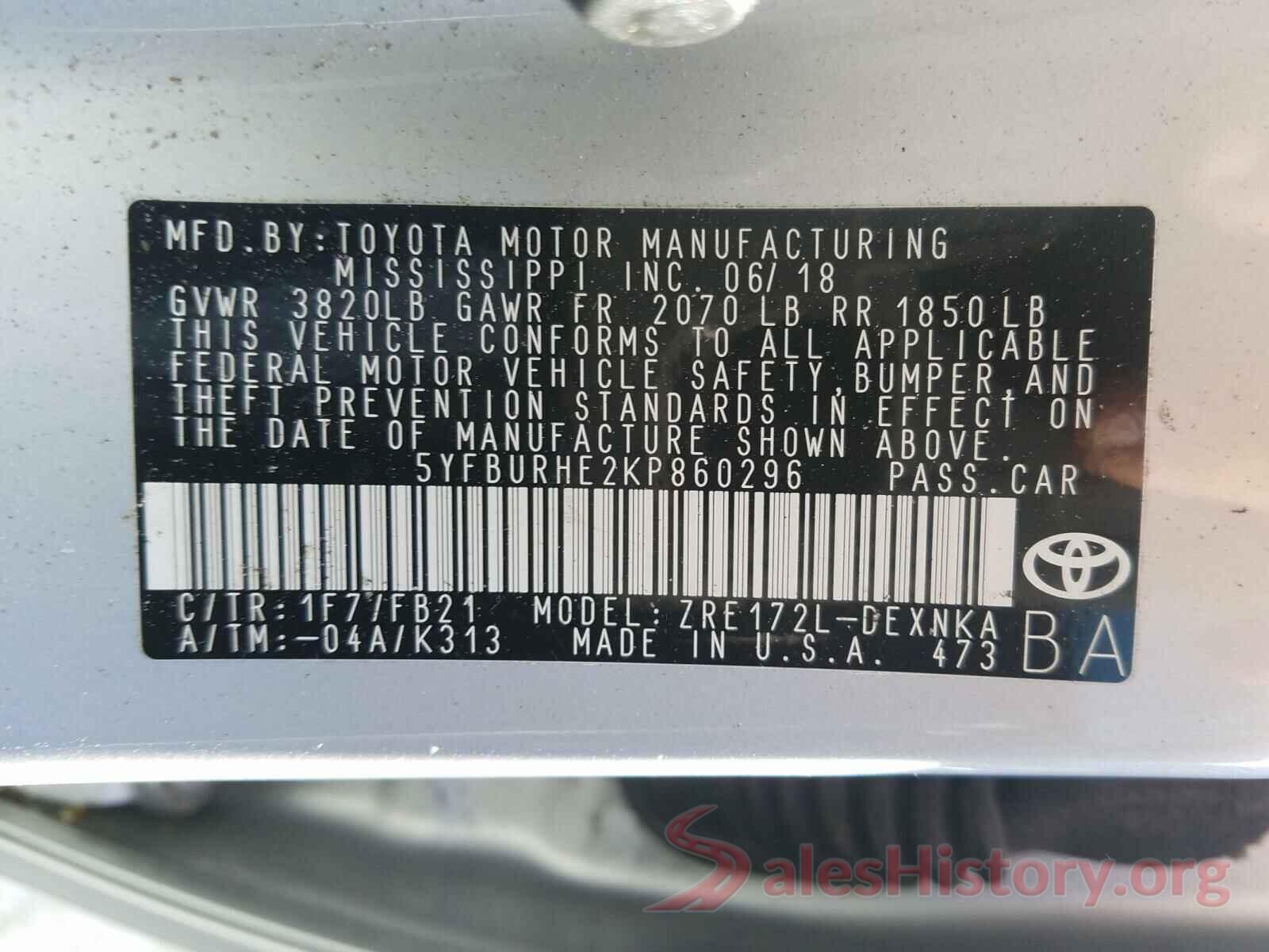 5YFBURHE2KP860296 2019 TOYOTA COROLLA