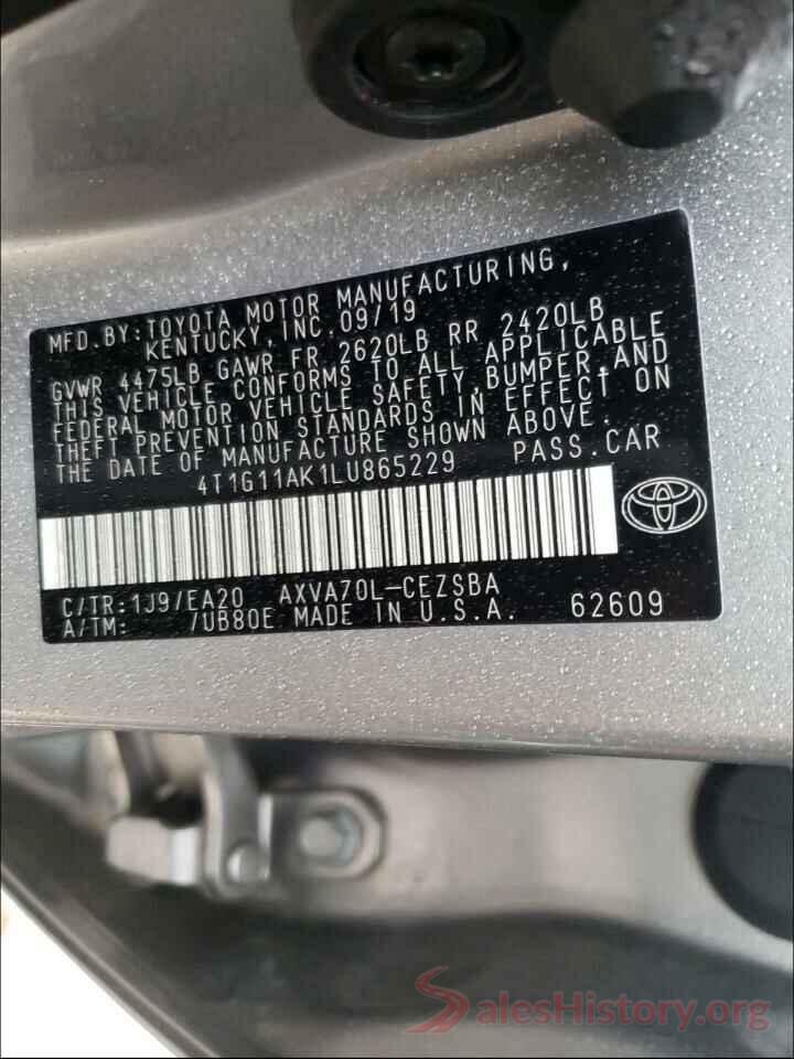 4T1G11AK1LU865229 2020 TOYOTA CAMRY