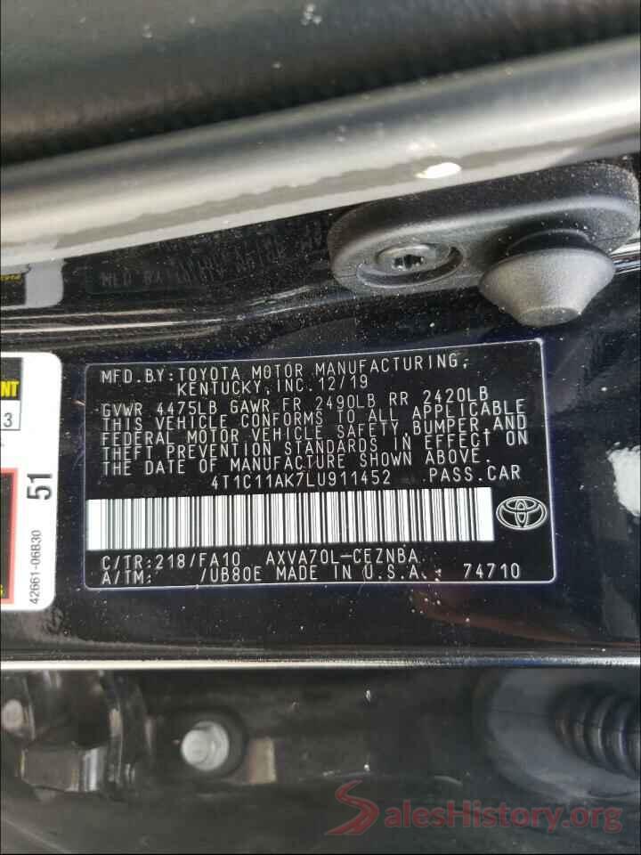 4T1C11AK7LU911452 2020 TOYOTA CAMRY