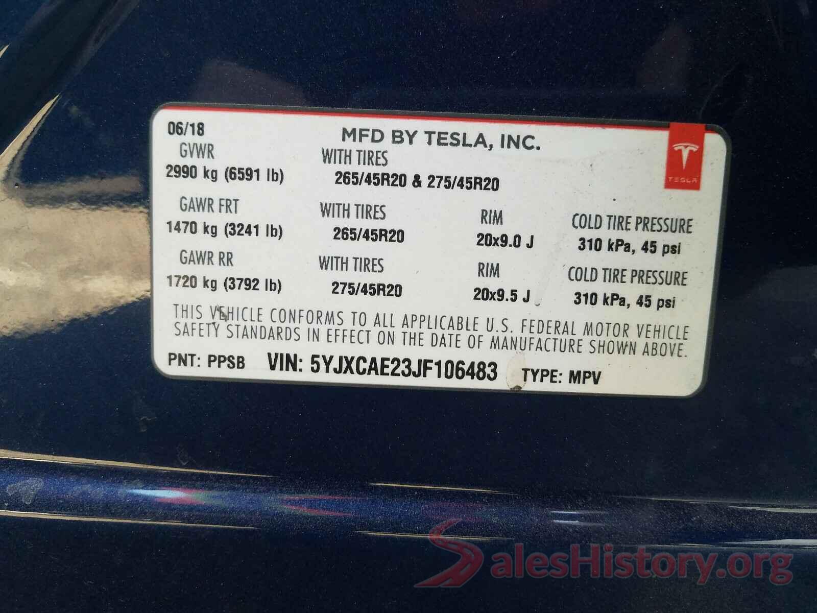 5YJXCAE23JF106483 2018 TESLA MODEL X