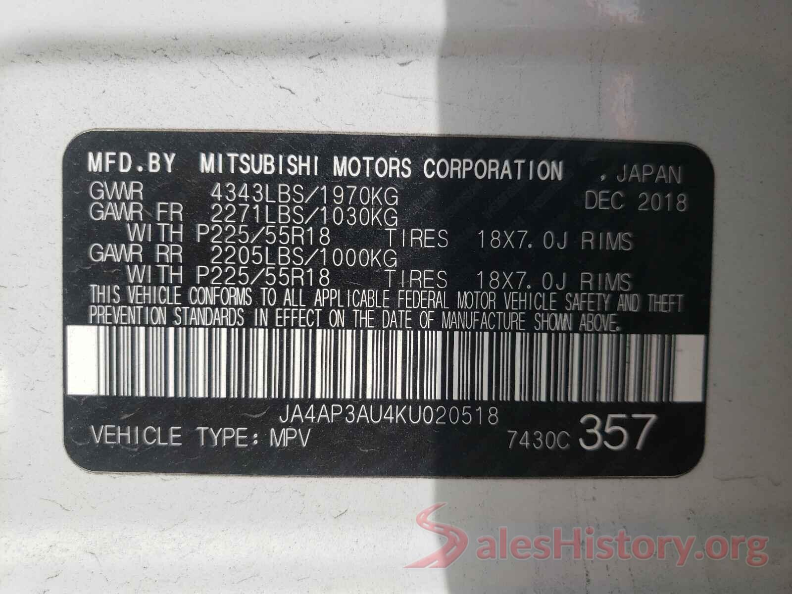 JA4AP3AU4KU020518 2019 MITSUBISHI OUTLANDER