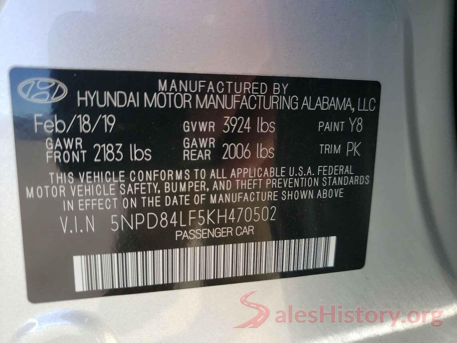 5NPD84LF5KH470502 2019 HYUNDAI ELANTRA