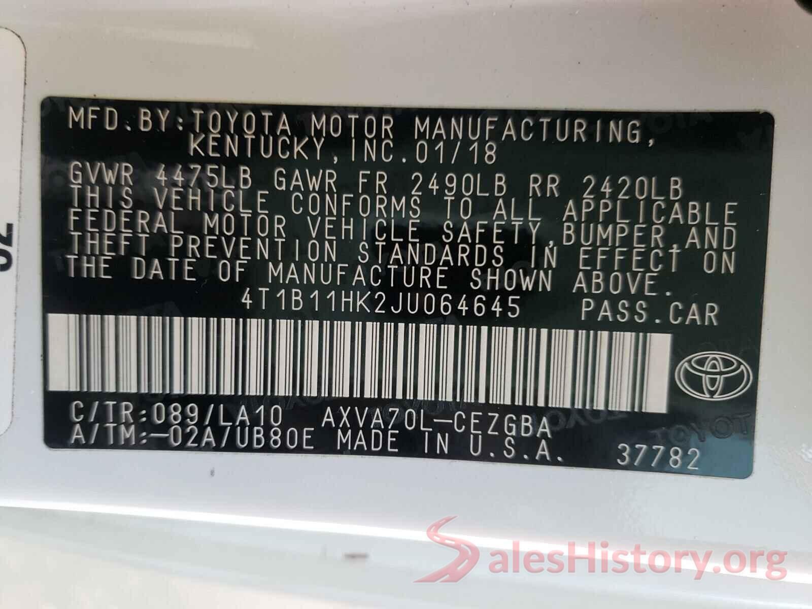 4T1B11HK2JU064645 2018 TOYOTA CAMRY