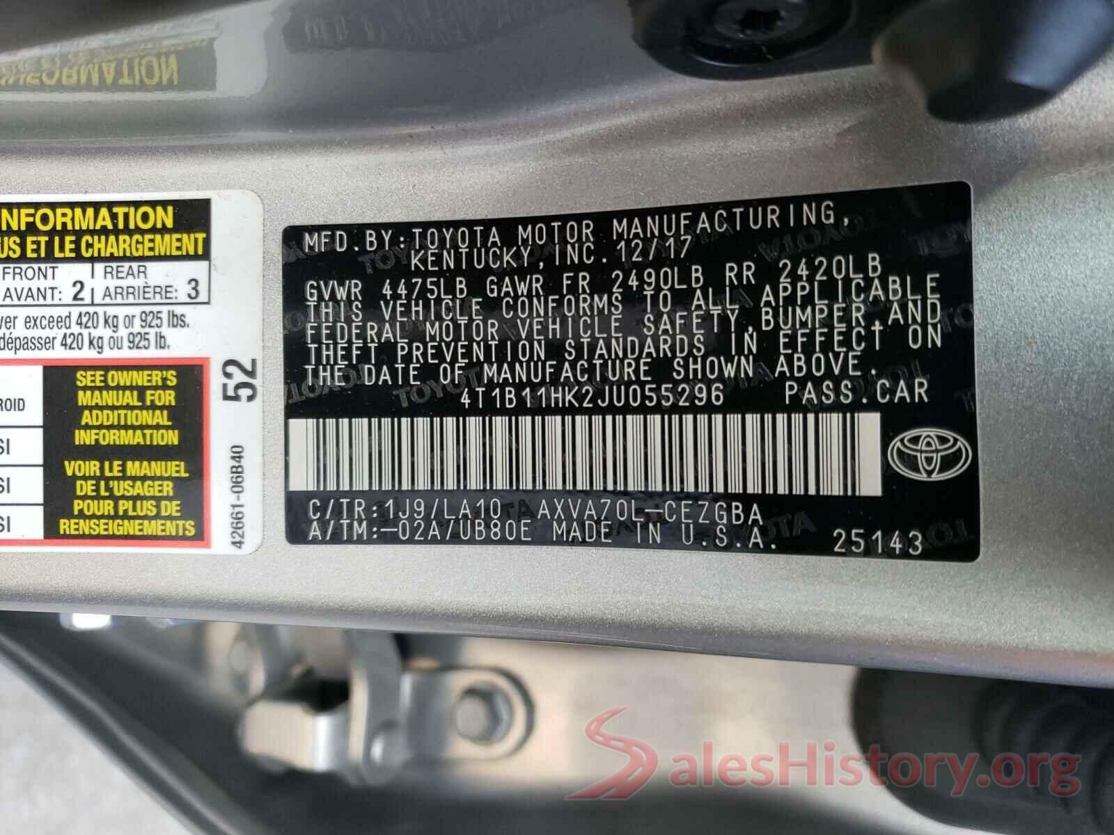 4T1B11HK2JU055296 2018 TOYOTA CAMRY