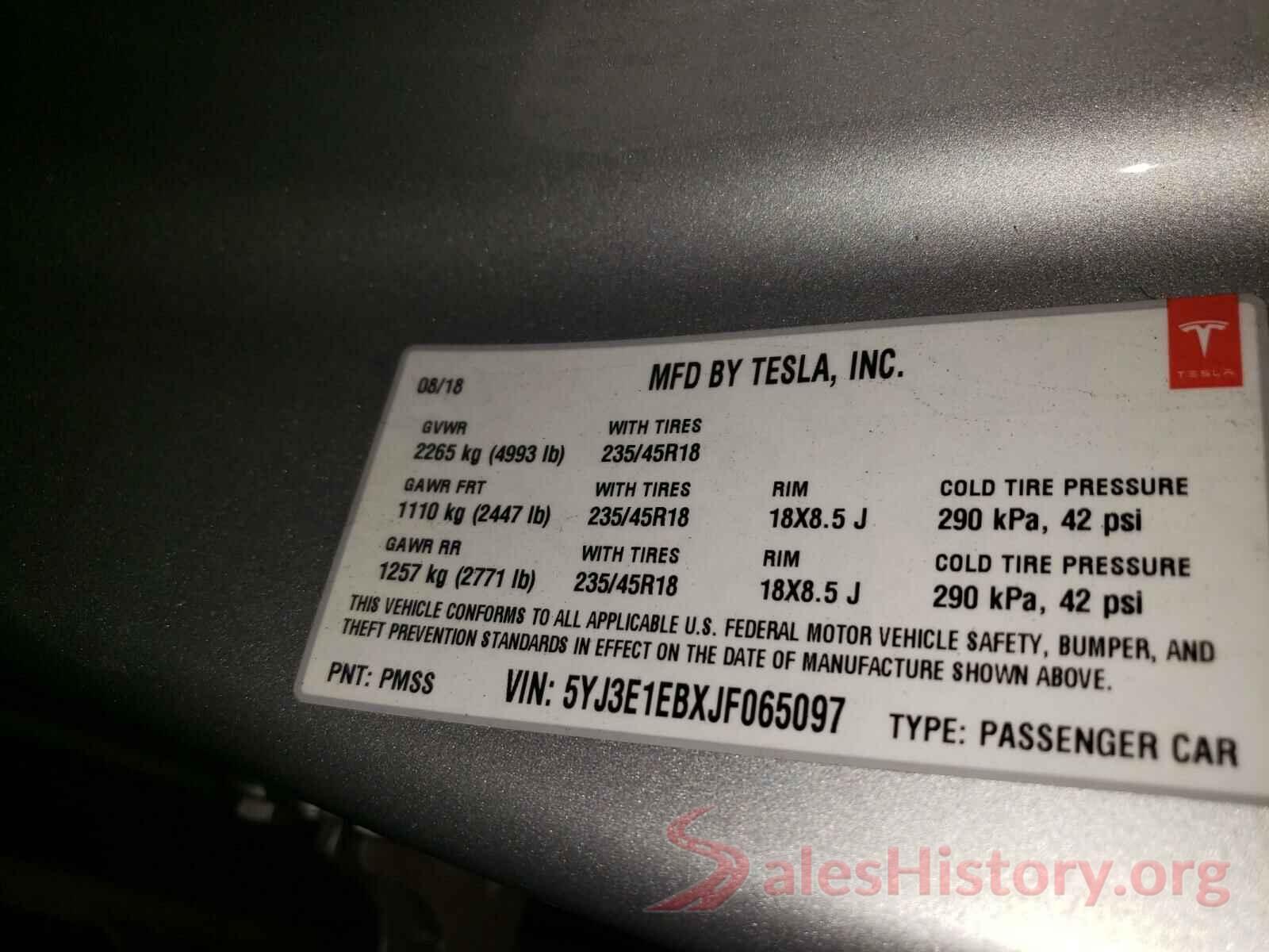 5YJ3E1EBXJF065097 2018 TESLA MODEL 3