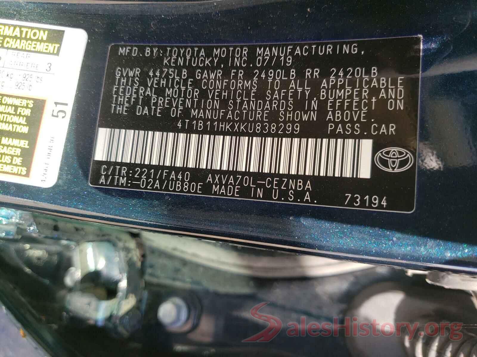 4T1B11HKXKU838299 2019 TOYOTA CAMRY