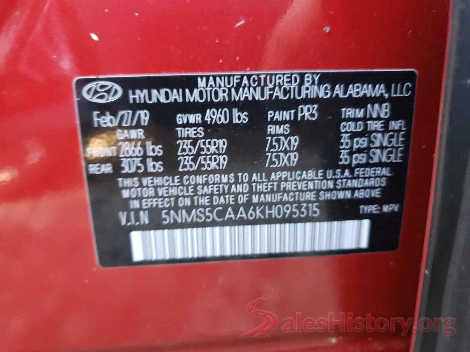 5NMS5CAA6KH095315 2019 HYUNDAI SANTA FE