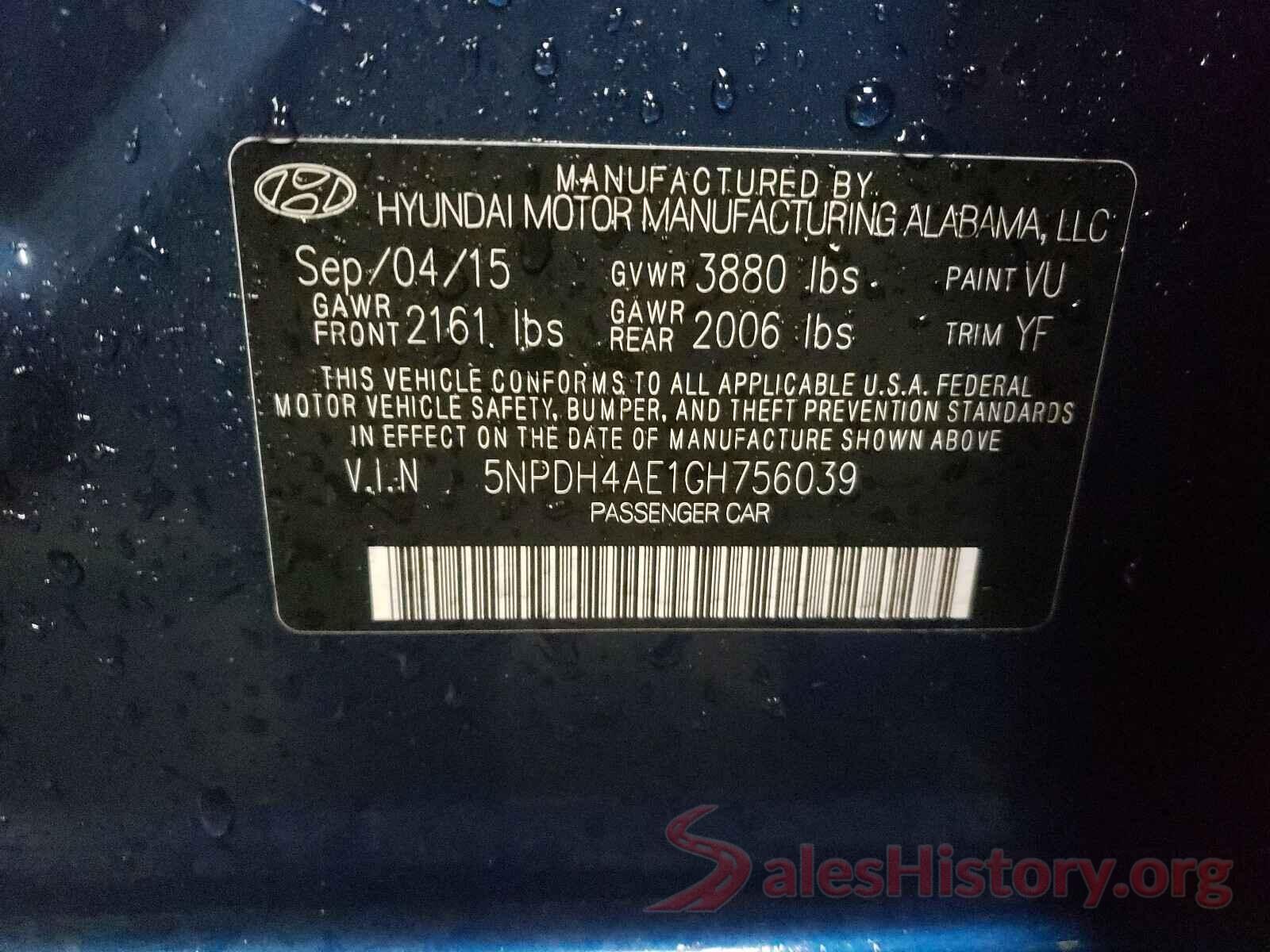 5NPDH4AE1GH756039 2016 HYUNDAI ELANTRA