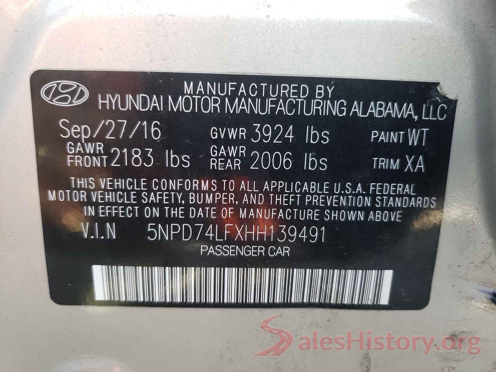 5NPD74LFXHH139491 2017 HYUNDAI ELANTRA