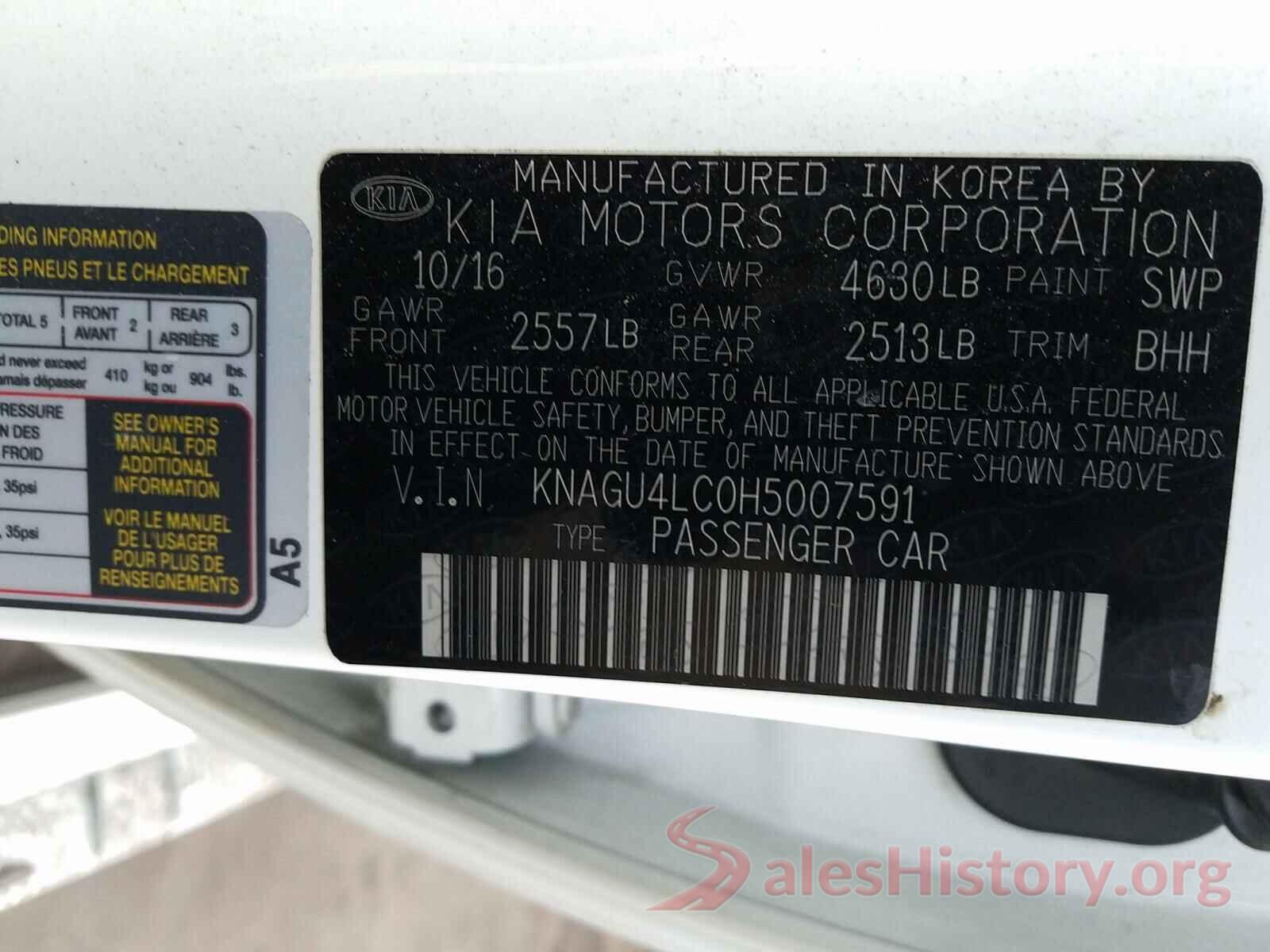 KNAGU4LC0H5007591 2017 KIA OPTIMA