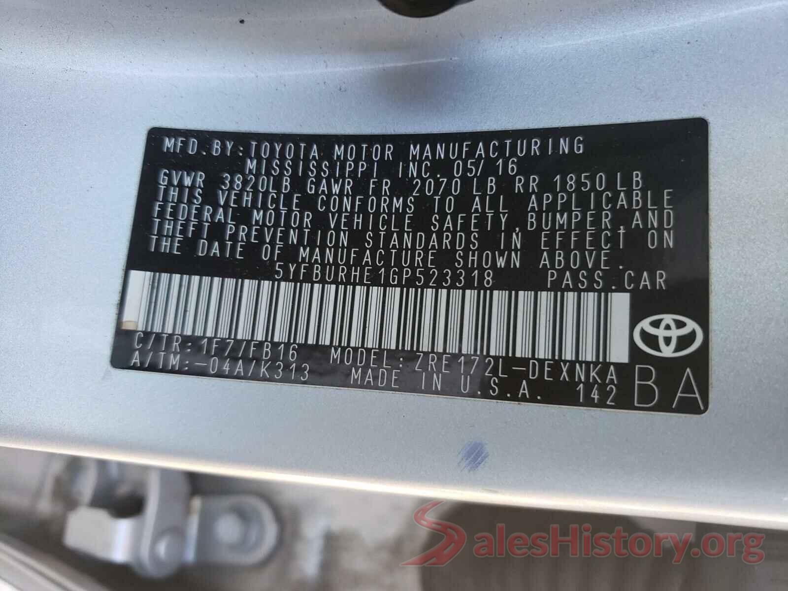 5YFBURHE1GP523318 2016 TOYOTA COROLLA