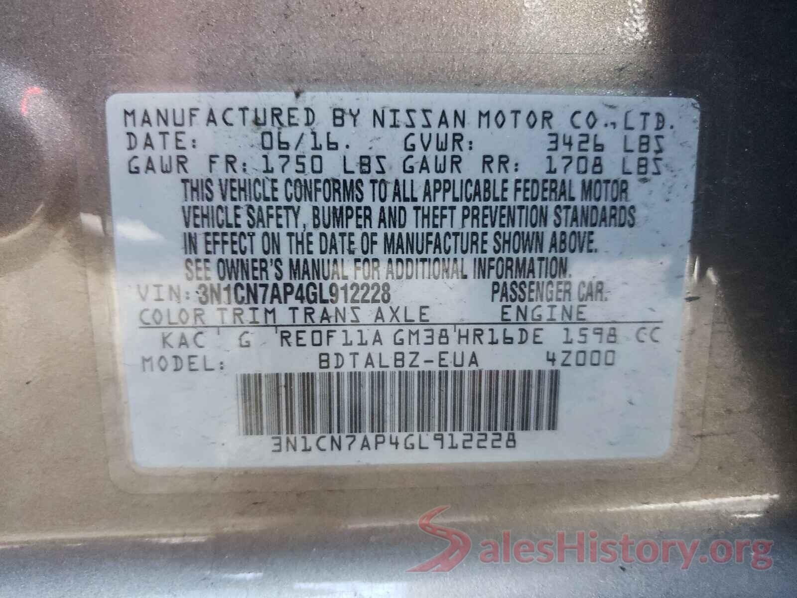 3N1CN7AP4GL912228 2016 NISSAN VERSA