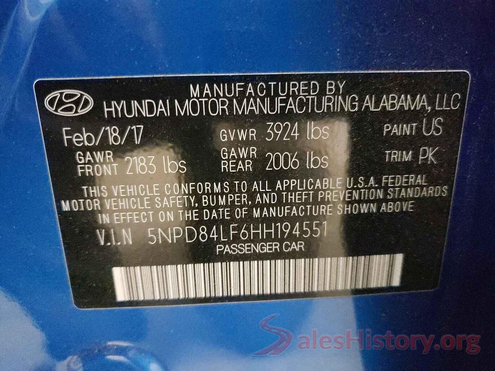 5NPD84LF6HH194551 2017 HYUNDAI ELANTRA