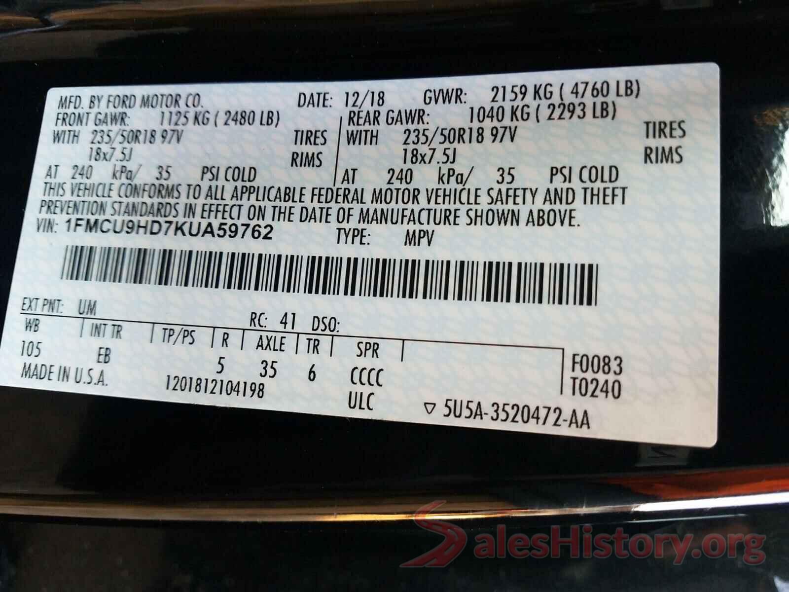 1FMCU9HD7KUA59762 2019 FORD ESCAPE