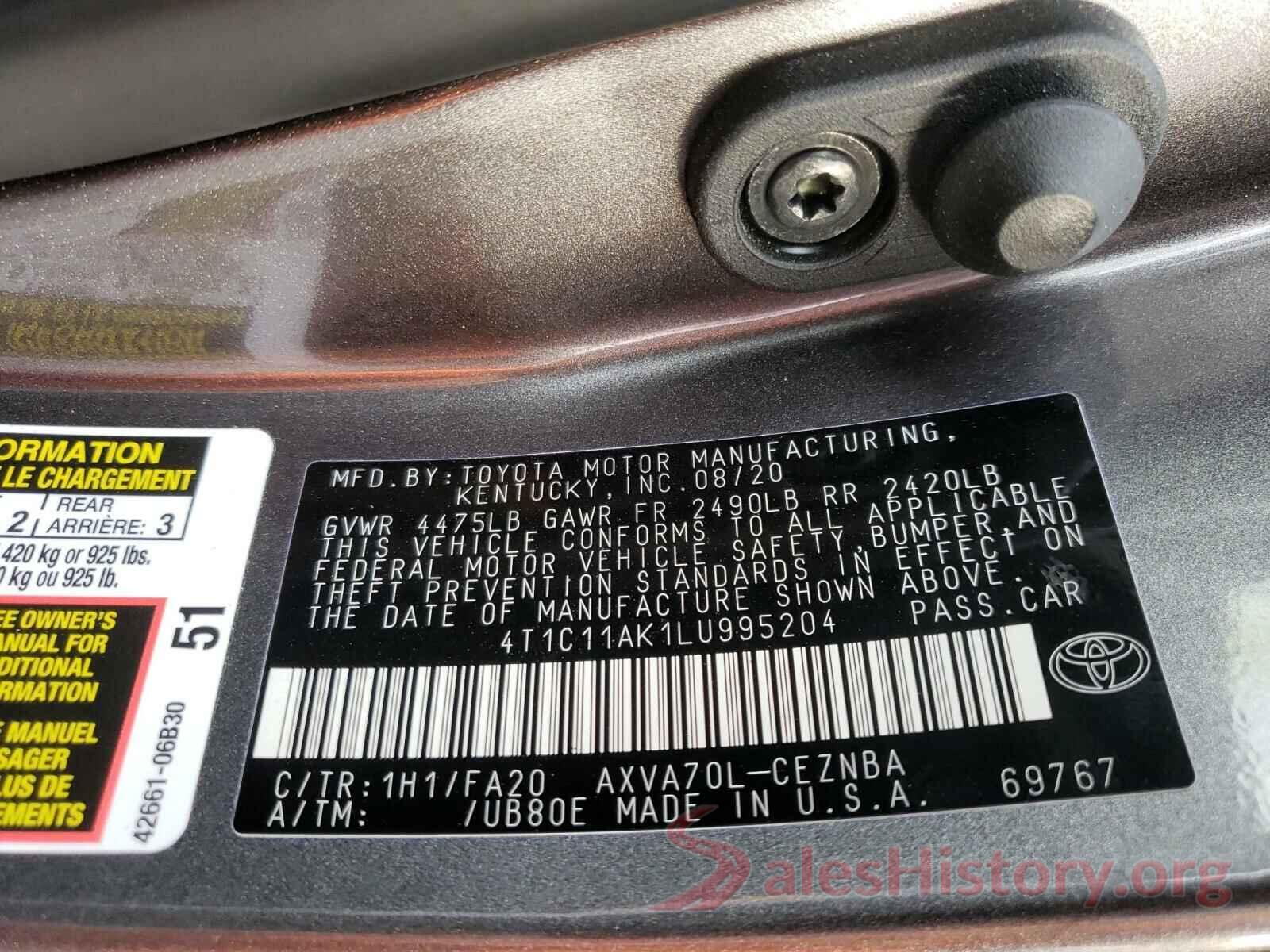 4T1C11AK1LU995204 2020 TOYOTA CAMRY