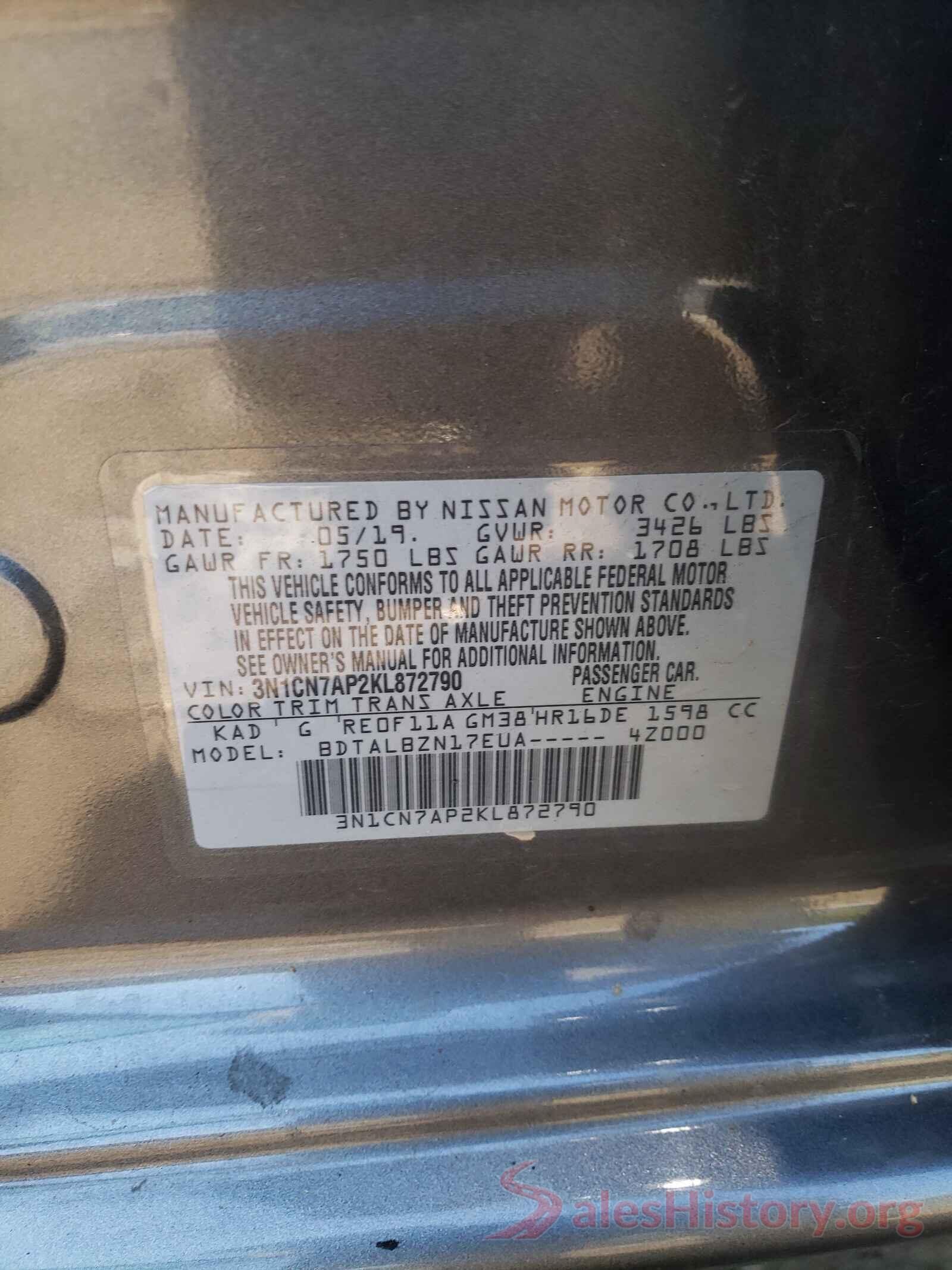 3N1CN7AP2KL872790 2019 NISSAN VERSA