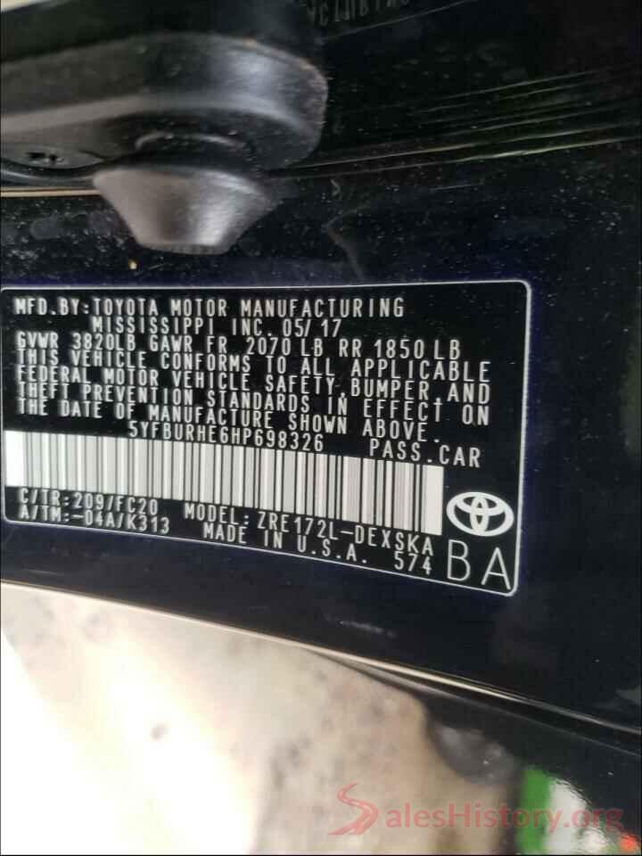 5YFBURHE6HP698326 2017 TOYOTA COROLLA