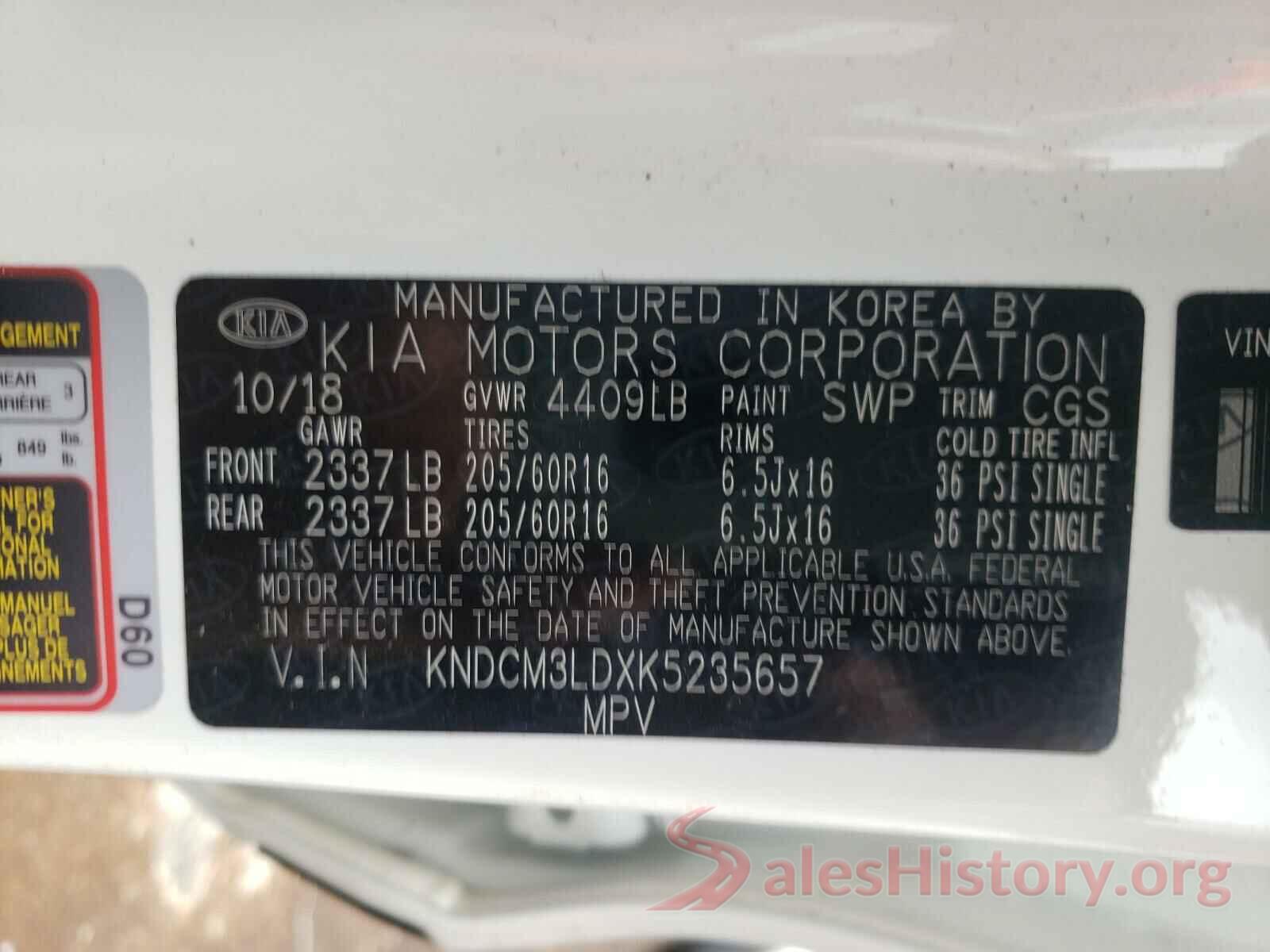 KNDCM3LDXK5235657 2019 KIA NIRO